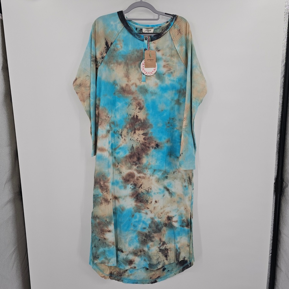 Umgee‎ Blue Tie Dye Ribbed Henley Dress Womens Medium NWT M5253